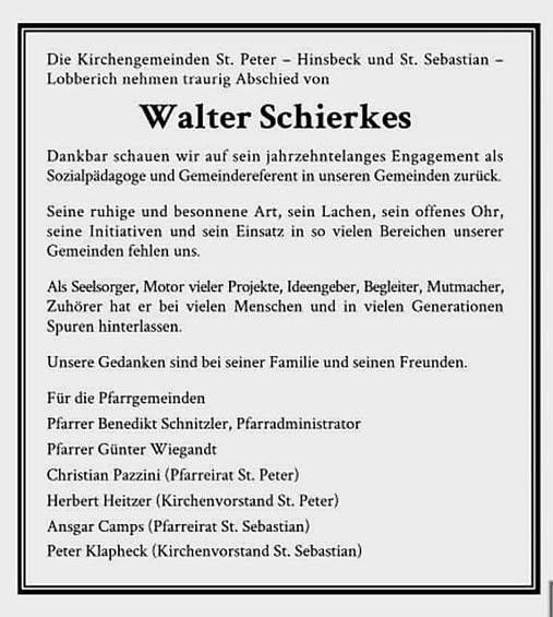 Traueranzeige Walter Schierkes